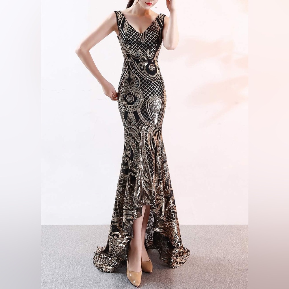 Kalinnu Gold Sequin Embellished Black Gown High Low Formal Dress Size Medium NWT